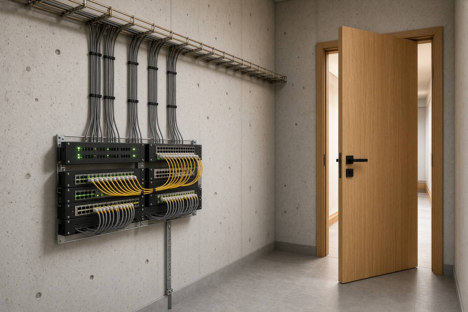 Organized fiber room in a new apartment building, with dressed cable and patch panels