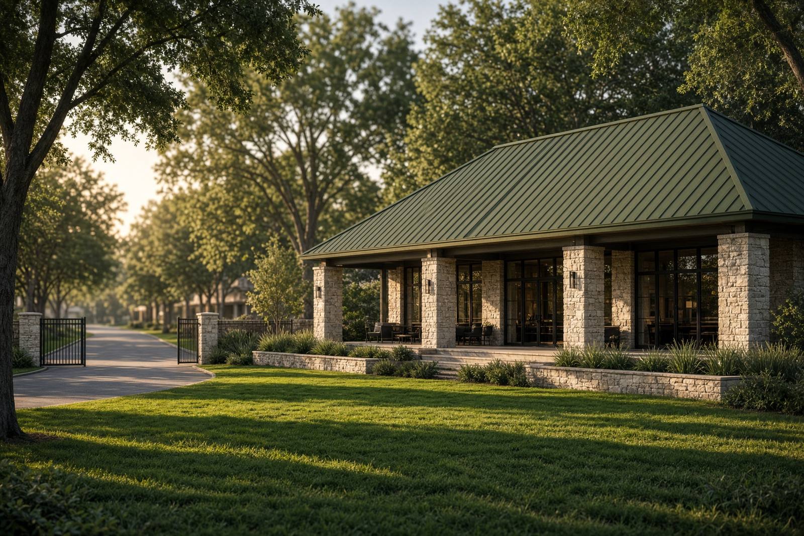 Apartment community clubhouse in late afternoon, with a green metal roof and stone piers