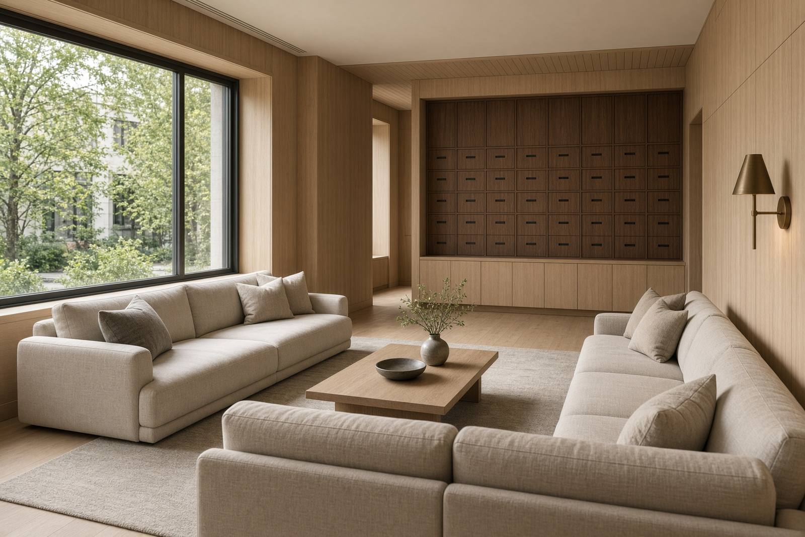 Apartment resident lounge with oak millwork, linen seating, and built-in package lockers